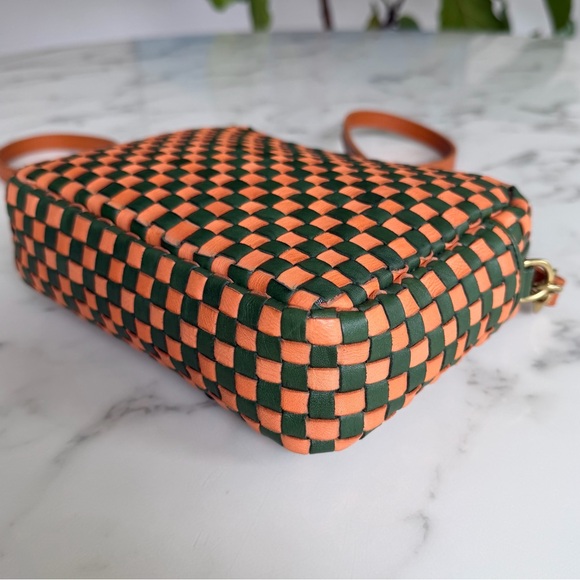 Clare V Midi Sac Safari Green & Coral Orange Woven Leather Checker Crossbody Bag - Picture 8 of 16